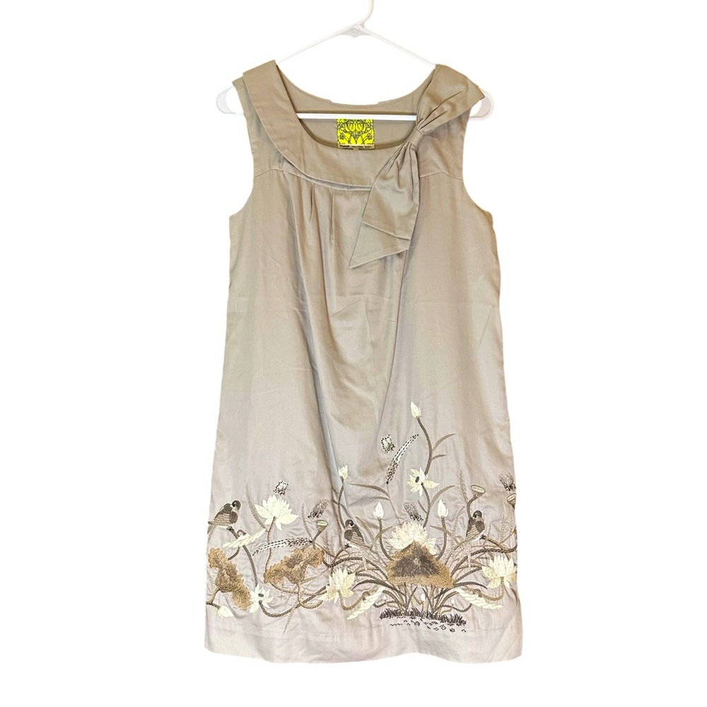 Anthropologie Floreat Shift Dress Finch and Thistle Bird Embroidered Tan Size 4
